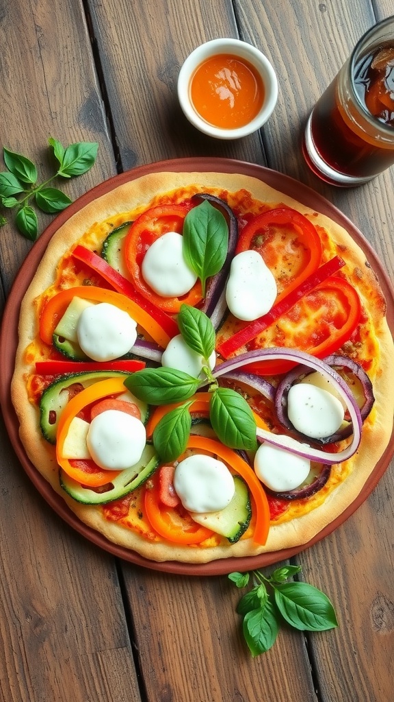 Colorful pizza art with fresh vegetables and mozzarella cheese on a wooden table.